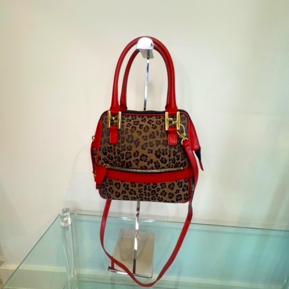 Fendi Leopard Print Canvas & Red Leather Satchel Crossbody Bag